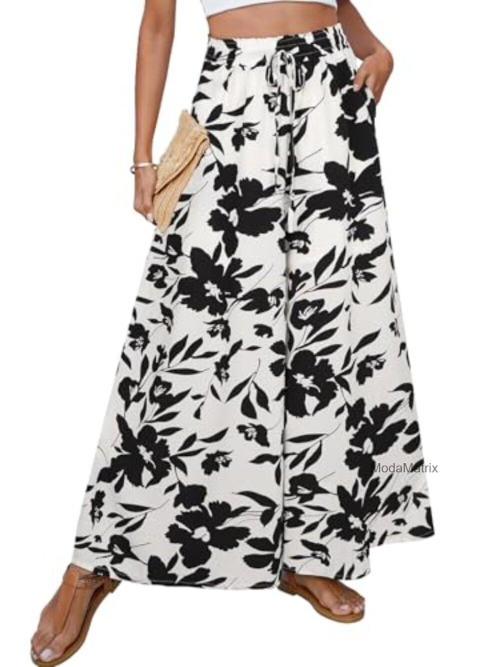 Women's Boho Floral Wide Leg Palazzo Pants High Waisted Flowy with Pockets